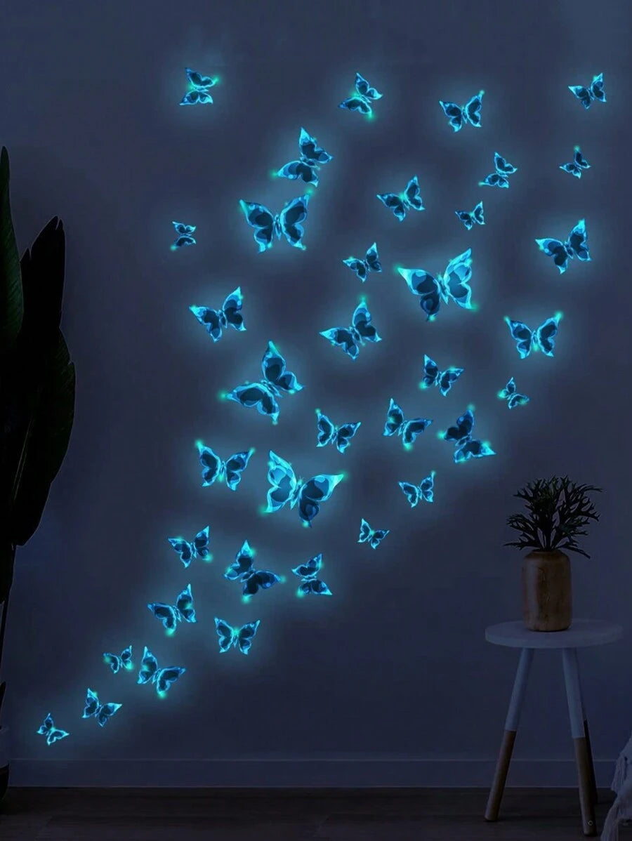 11148 B01-40  1 set brillante con mariposa Calcomanías de pared azul luminoso con mariposa brillante en oscuro Pegatinas de pared DIY adorno para niño chica dormitorio cuarto de baño decoraciones ( azul con mariposa )