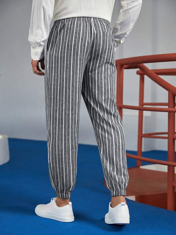7427 a07-08 Pantalones con estampado de rayas de cintura con cordón