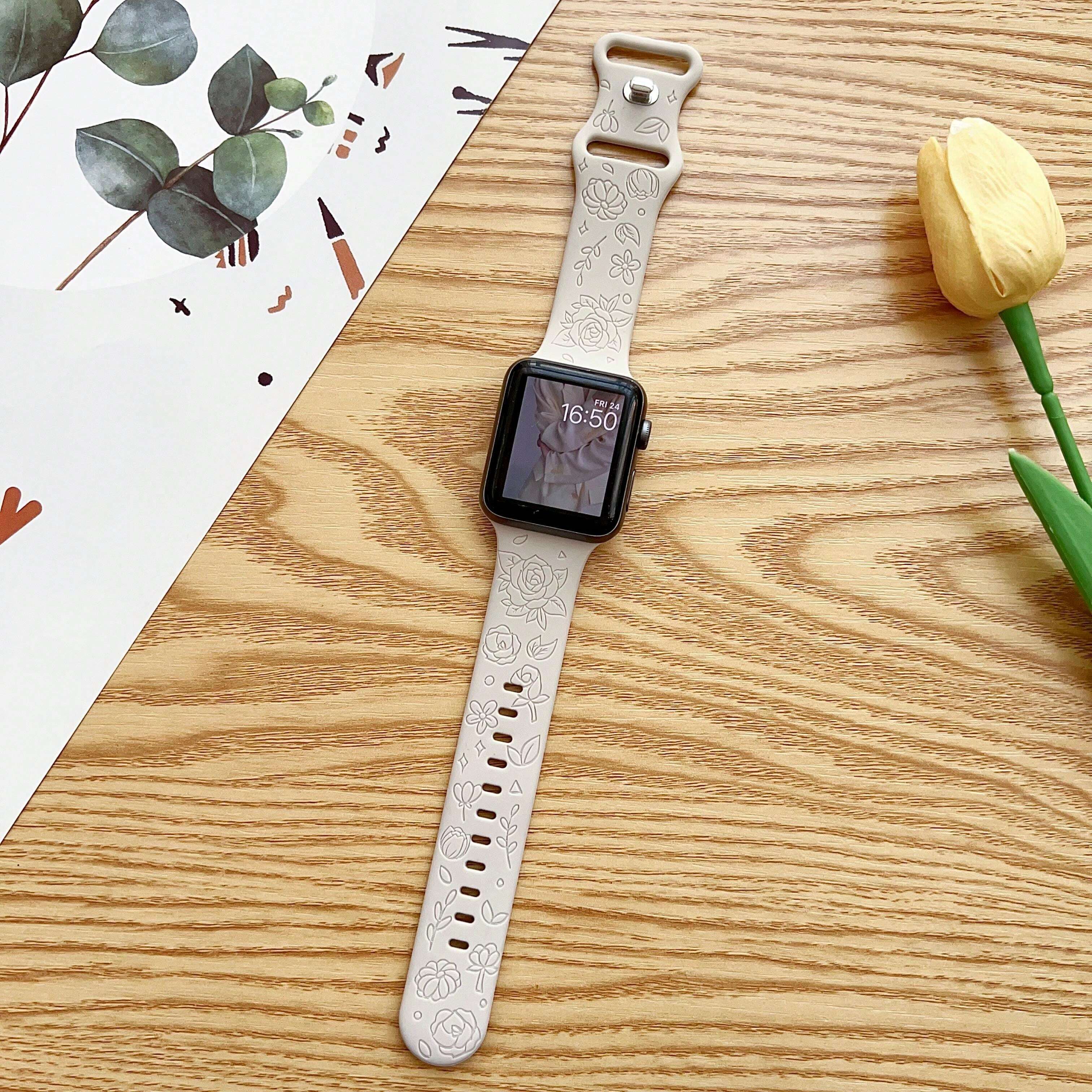 8722 b01-26 Banda De Reloj Grabada De Silicona Con Diseño De Rosa Para Apple Watch