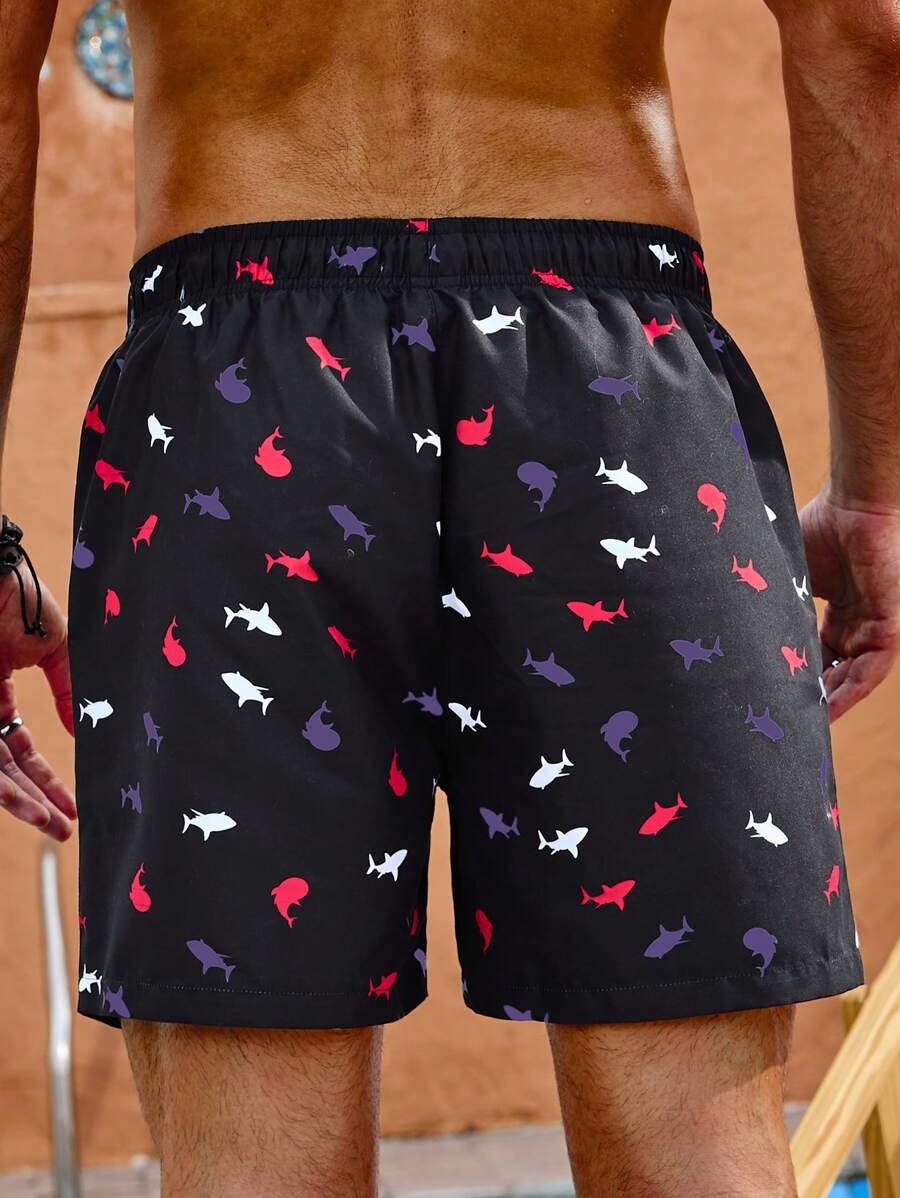 11628 A04-03  Pantalones Cortos De Playa Para Hombres Con Cordón En La Cintura Y Estampado De Tiburones