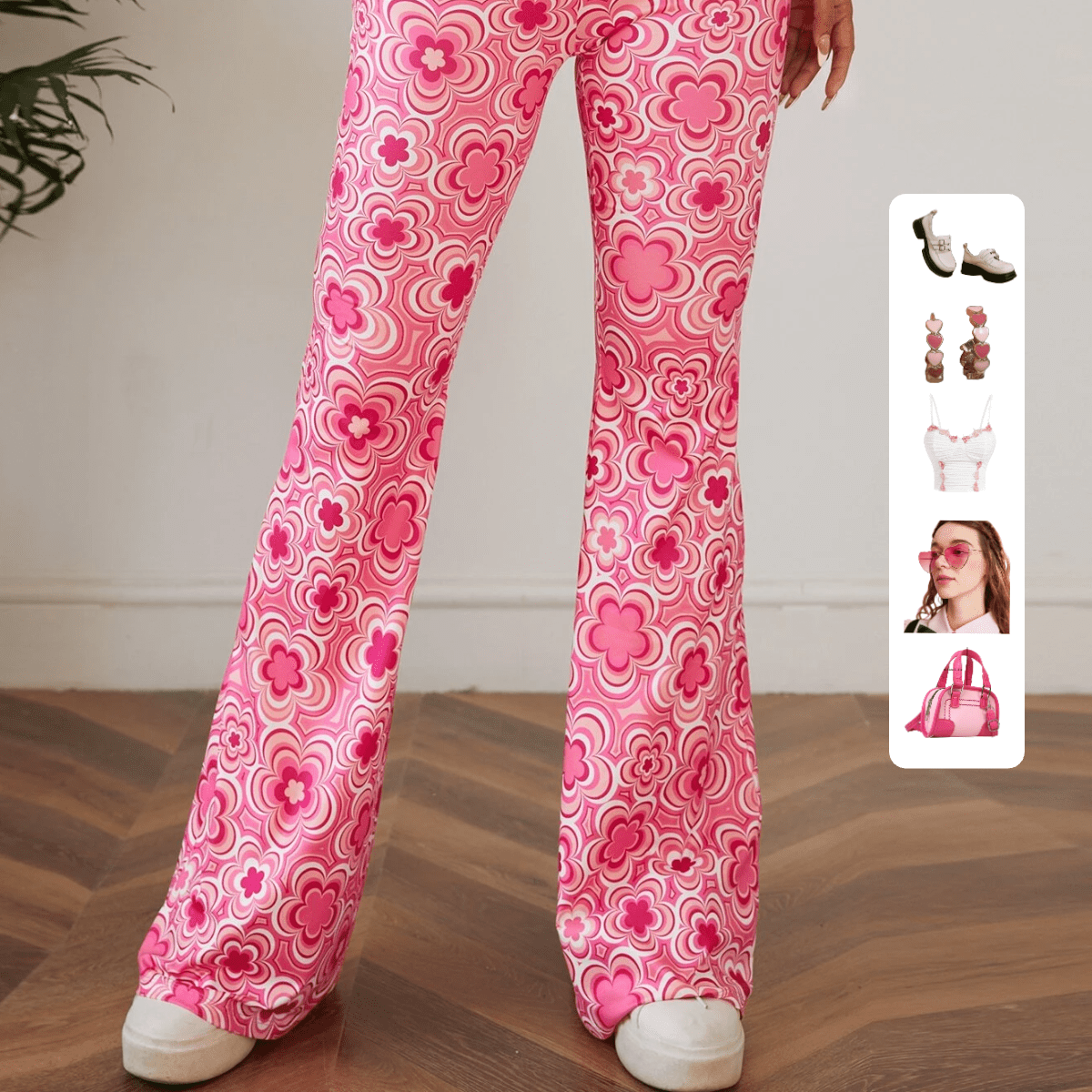 11644  A05-08 Pantalones De Pierna Acampanada Y Estampado Floral De Flores Rosadas