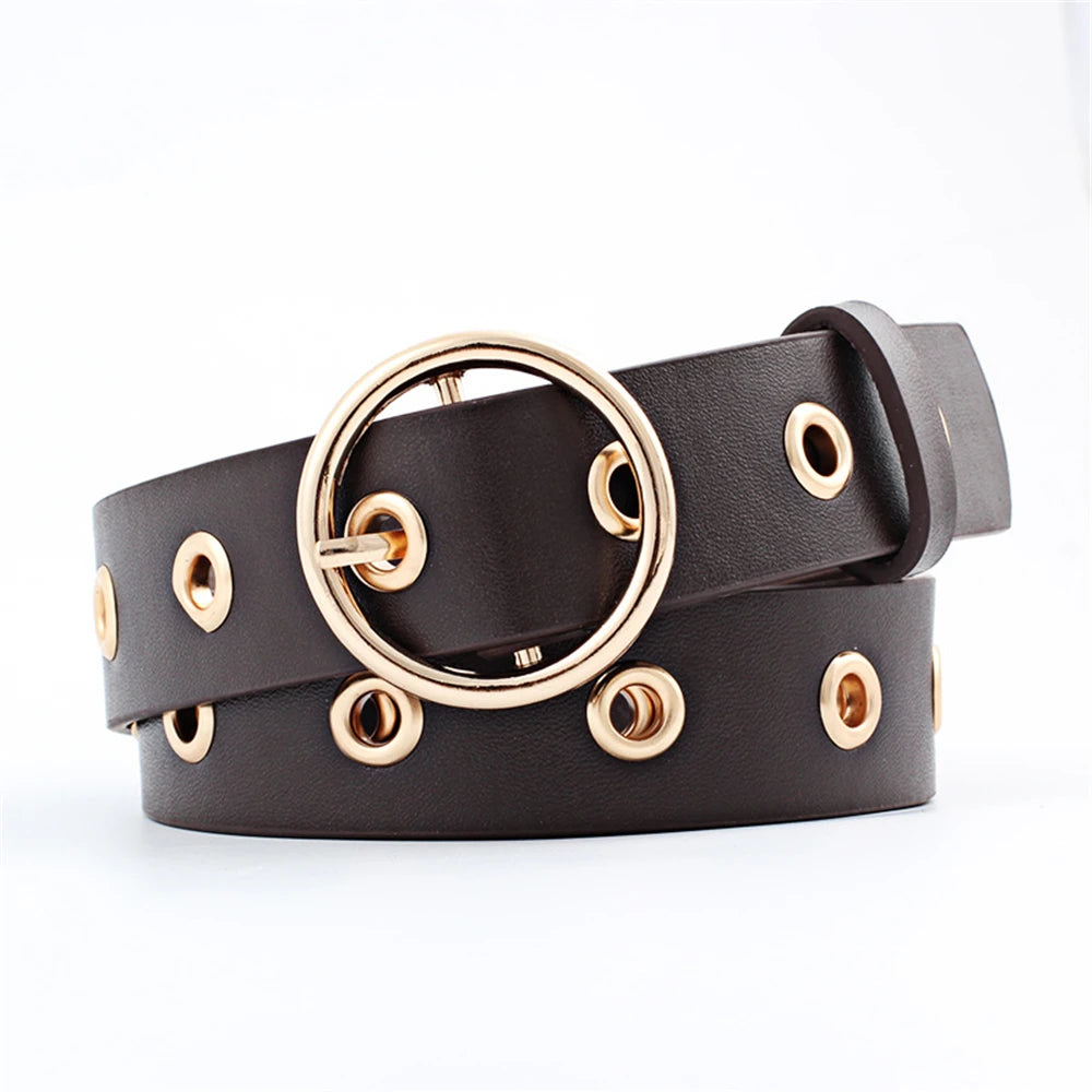 7704 a09-15 Cinturón de cuero con hebilla redonda para mujer