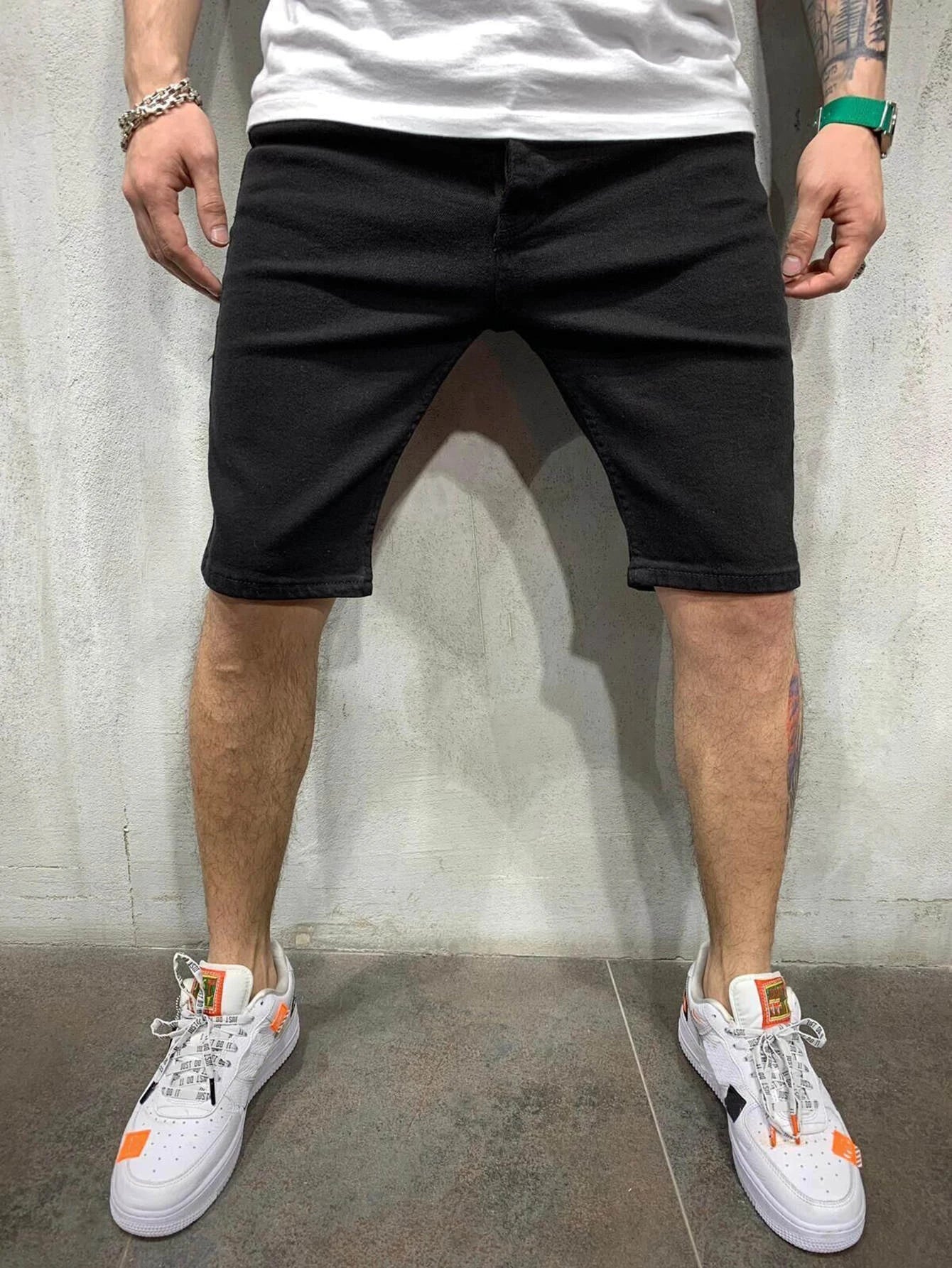 4424 1a-010 Hombres Shorts en mezclilla unicolor de pierna recta