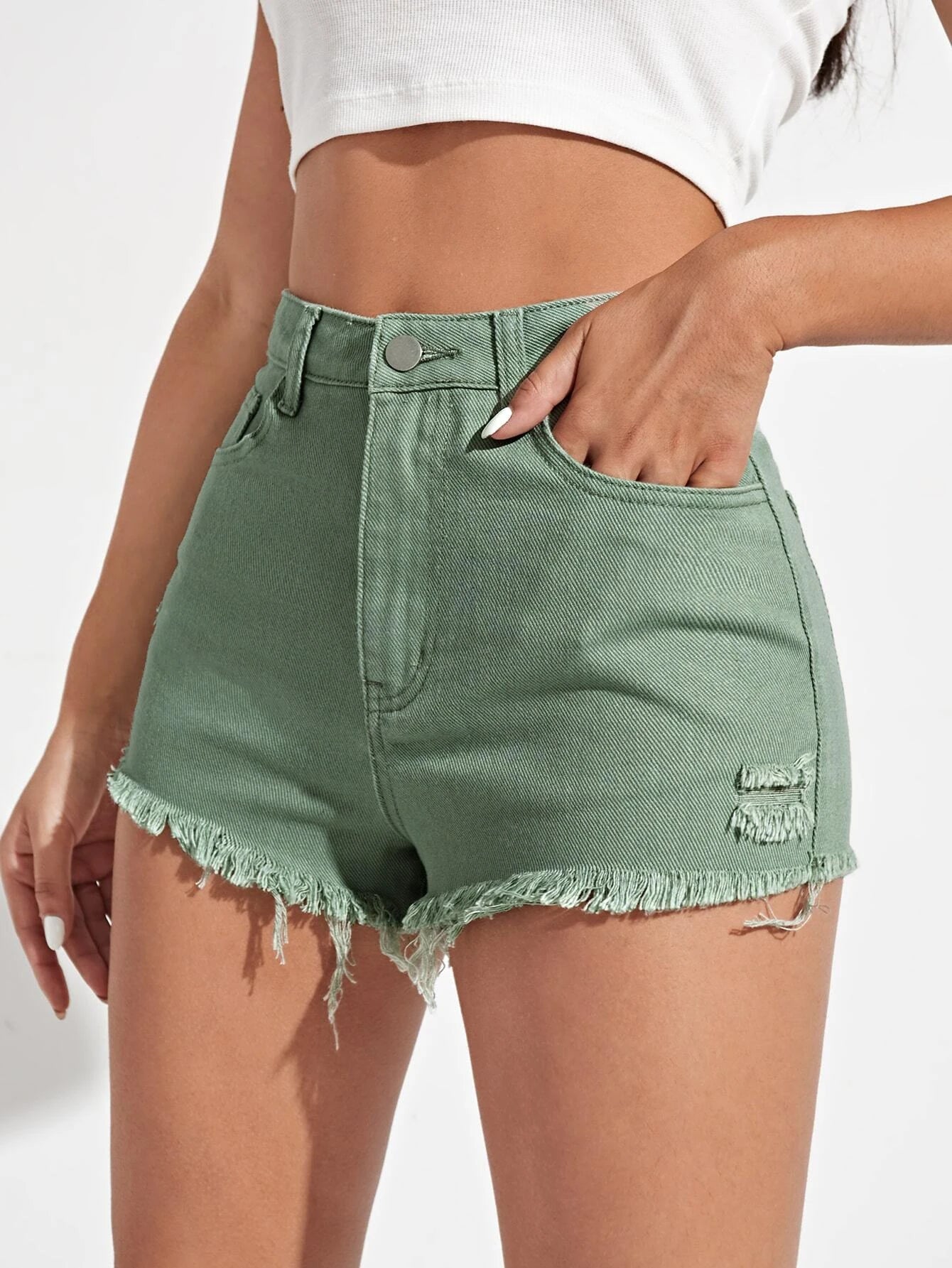 6209 a03-08 Shorts mezclilla rotos bajo crudo