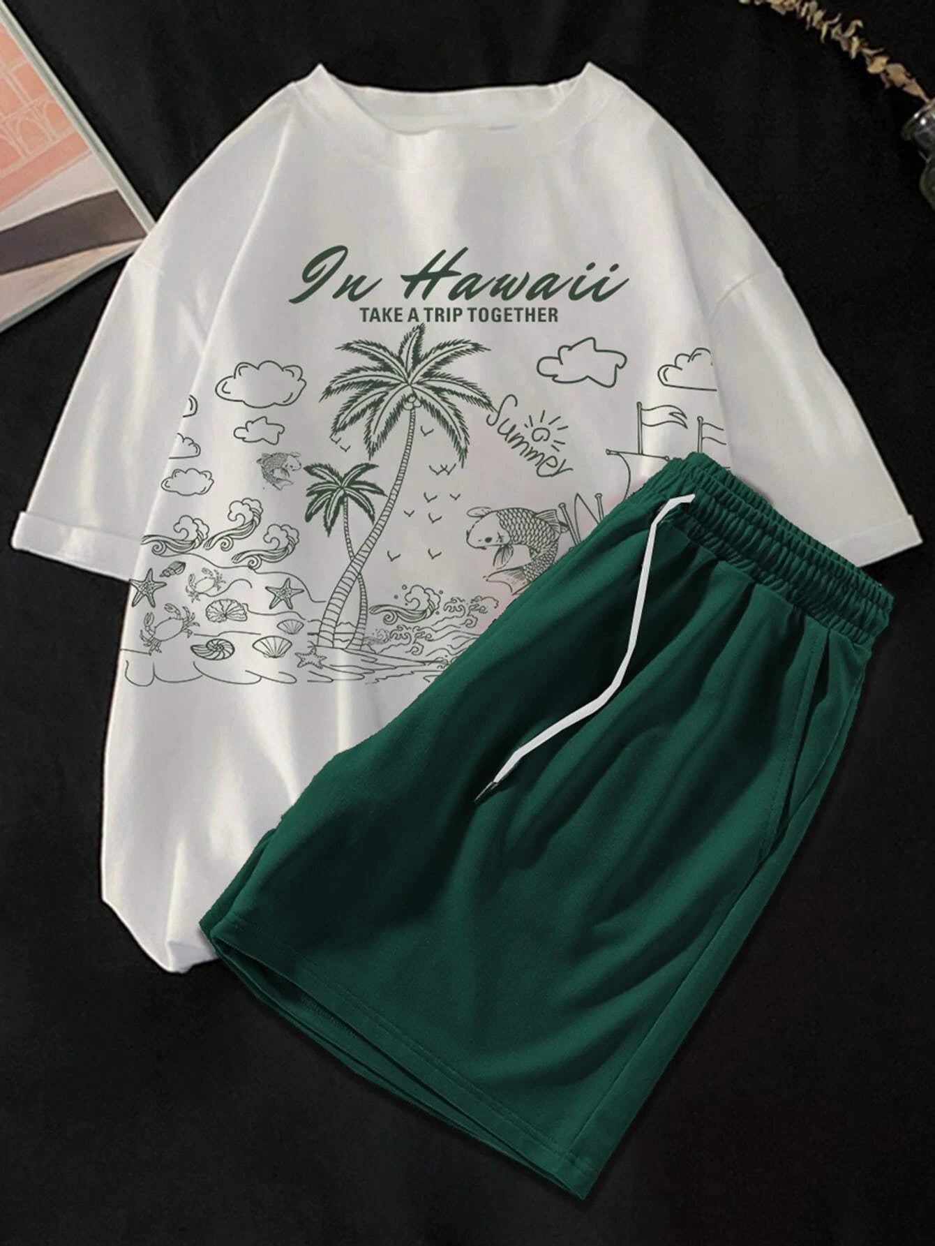 9905 a03-02 Camiseta con estampado de palmera y Short de cintura con cordón