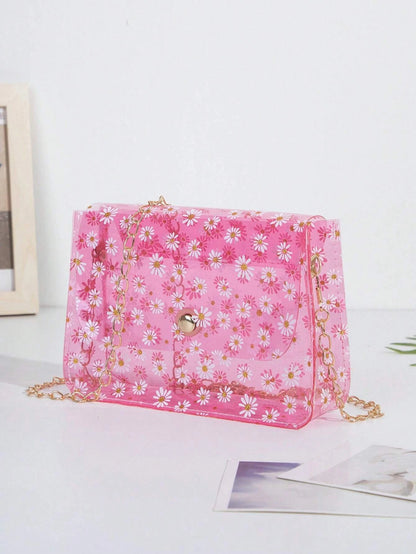 4112 a11-01 Bolso cuadrado con solapa y gráfico floral Funky de PVC