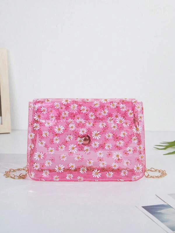 4112 a11-01 Bolso cuadrado con solapa y gráfico floral Funky de PVC