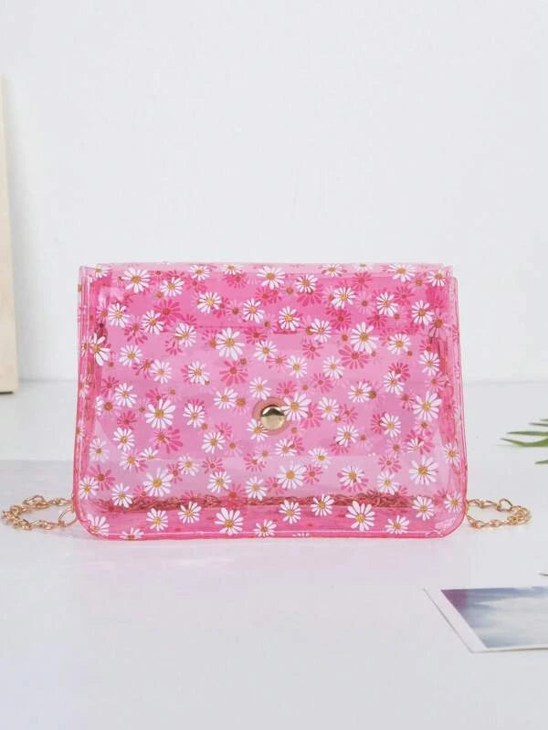 4112 a11-01 Bolso cuadrado con solapa y gráfico floral Funky de PVC