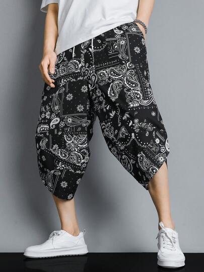 6185 1a-07-02 Pantalon con estampado de pañuelo con paisley de cintura con cordón