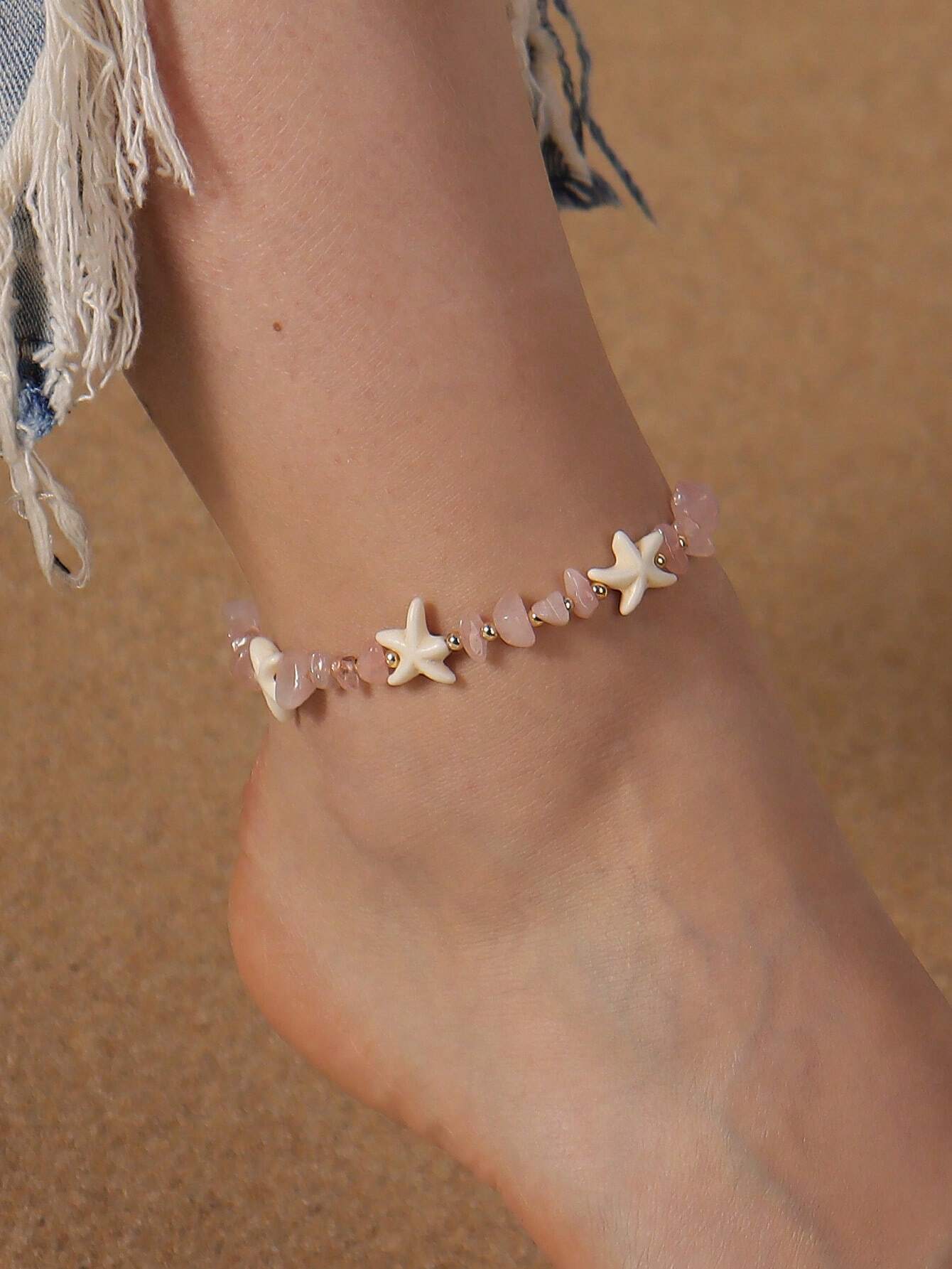 6596 b05-02 Pulsera tobillera con cuenta bohemio con diseño de estrella de mar para mujeres para playa
