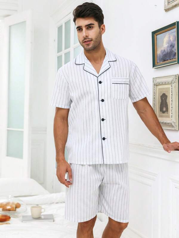 3143 a04-10 Conjunto de pijama con estampado de rayas ribete en contraste