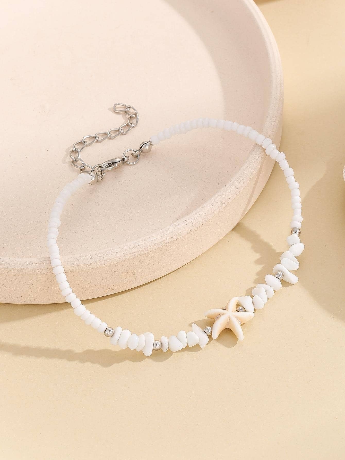 6597 1b-05-02 Pulsera tobillera vacación con diseño de estrella de mar blanco con cuenta con piedra para mujeres para playa de viaje