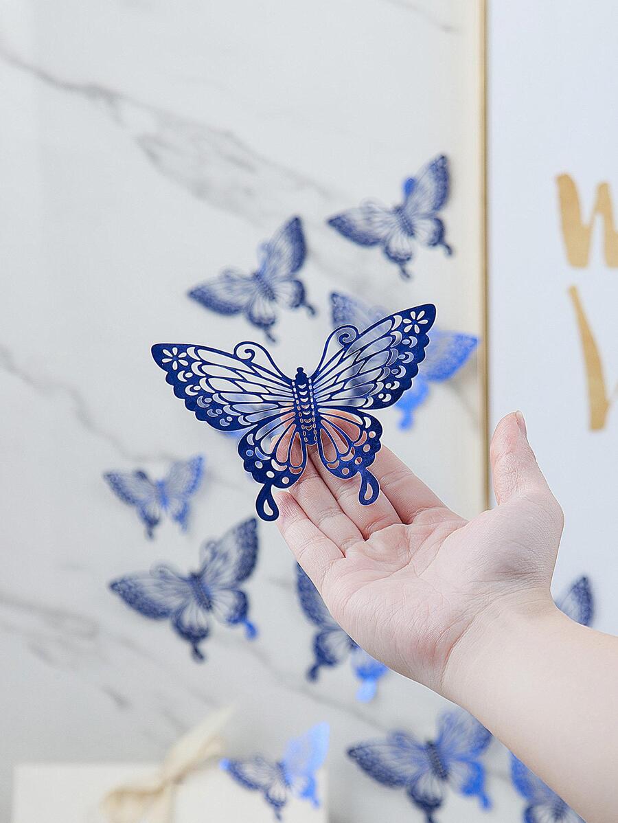 11142 B01-19 12 piezas Pegatina de pared con abertura con mariposa 3D azul