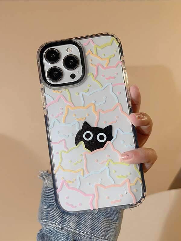 6790 1b-02-18 Funda transparente para iPhone con diseño de gato de dibujos animados