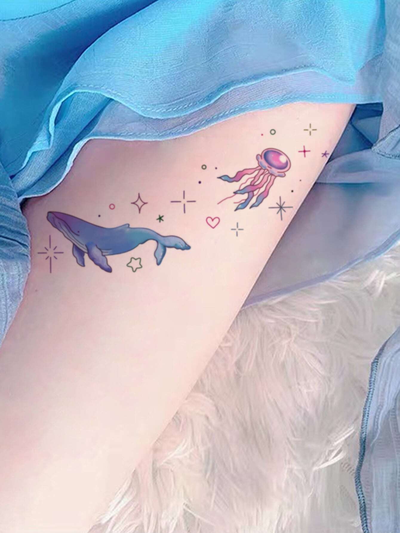 5504 a13-01 Tatuaje temporal de colores de medusa & azul ballena