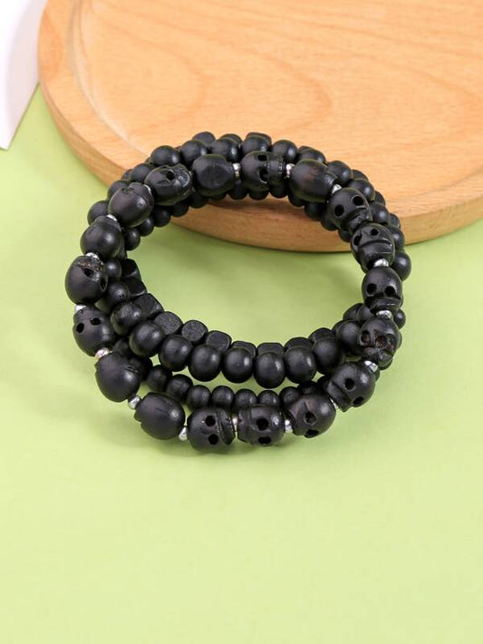 3647 1b-03-01 Cuatro piezas/set Pulsera negro de madera con cuenta de cráneo