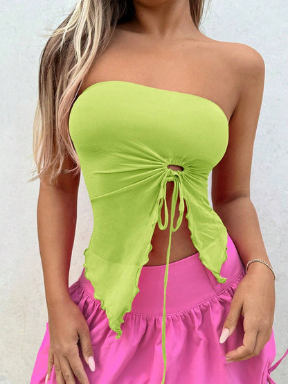 6023 a04-08 Top bandeau con cordón delantero ribete en forma de lechuga bajo con abertura