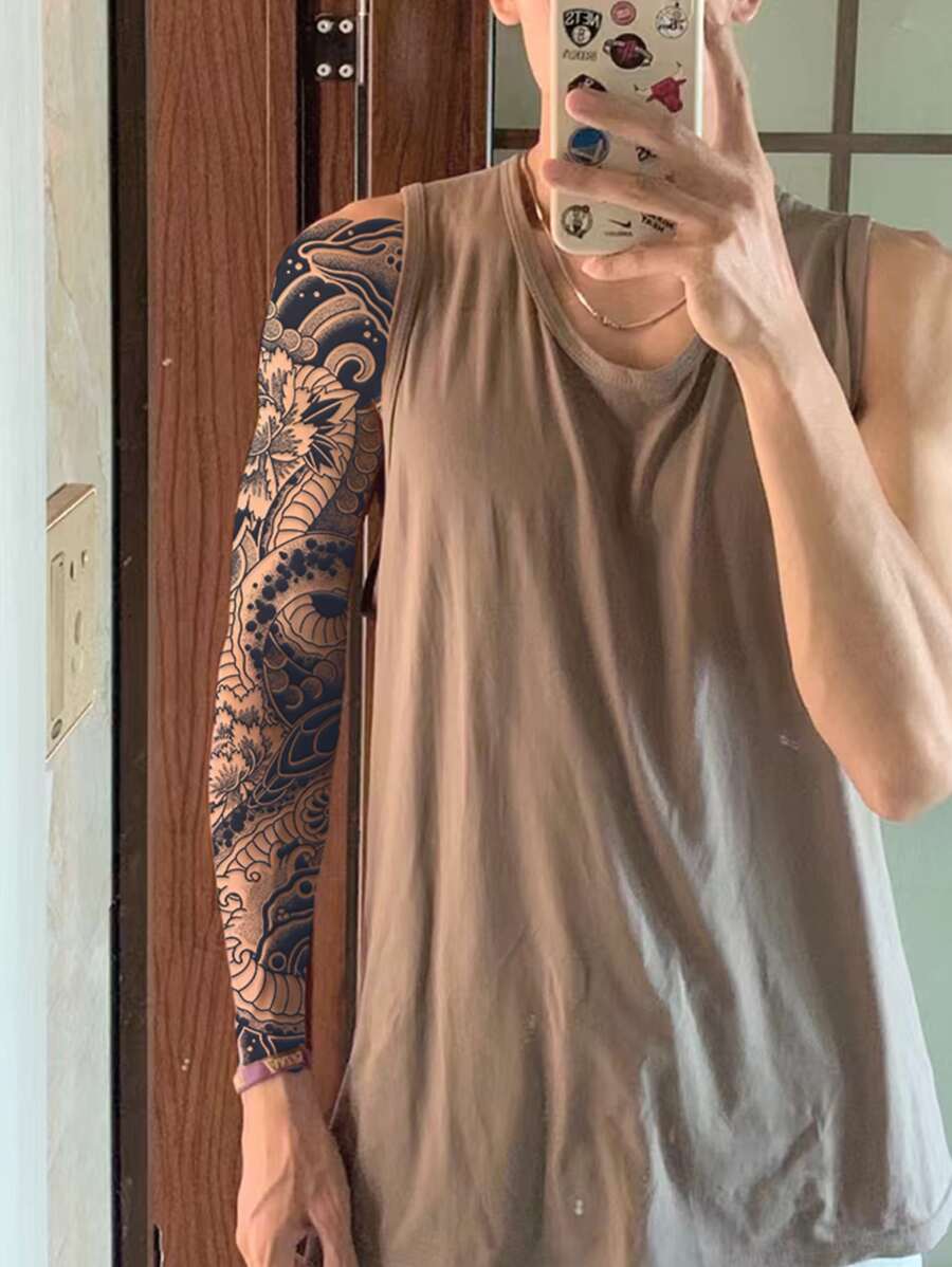 11730 1b-02-02 tatuaje temporal del brazo completo con estampado de serpiente y flor