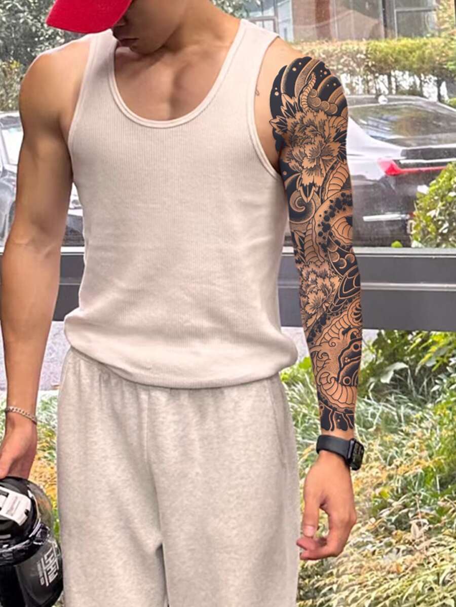 11730 1b-02-02 tatuaje temporal del brazo completo con estampado de serpiente y flor