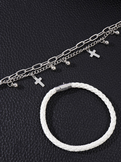 5074 1b-02-16 1 Juego De Pulsera De Doble Cadena Cruzada De Aleación Personalizada De Moda Y Pulsera De Cuero Pu Tejida Con Cierre Magnético Minimalista Para Uso Diario De Los Hombres