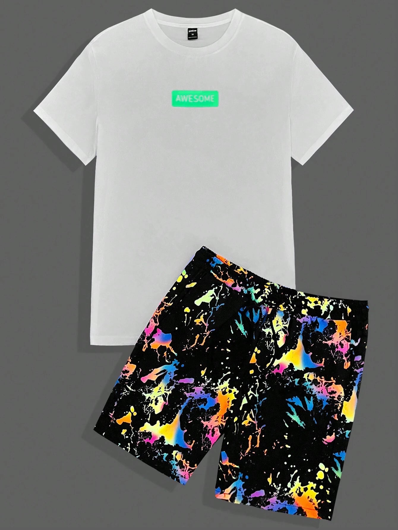 8152 a03-02 Camiseta con estampado de letra & Shorts de cintura con cordón