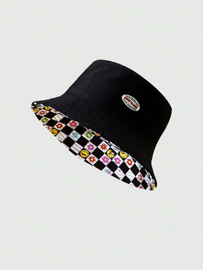 5672 2a-01-13 Sombrero cubo reversible estilo callejero de cuadros & cara patrón para hombres