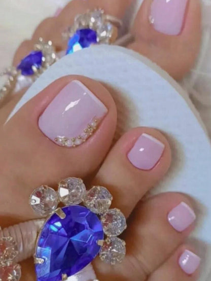 6099 1b-04-15 Set 24 Uñas De Los Pies Cuadradas Cortas En Estilo Francés De Moda Con Decoración De Diamantes De Imitación