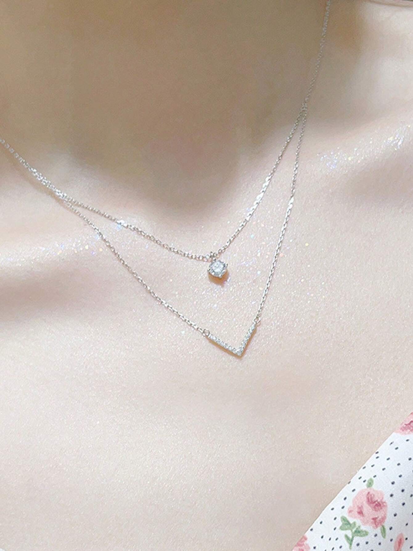 5890 a10-19 Collar De Clavícula En Forma De V De Diamante De Doble Capa Minimalista Para Mujeres