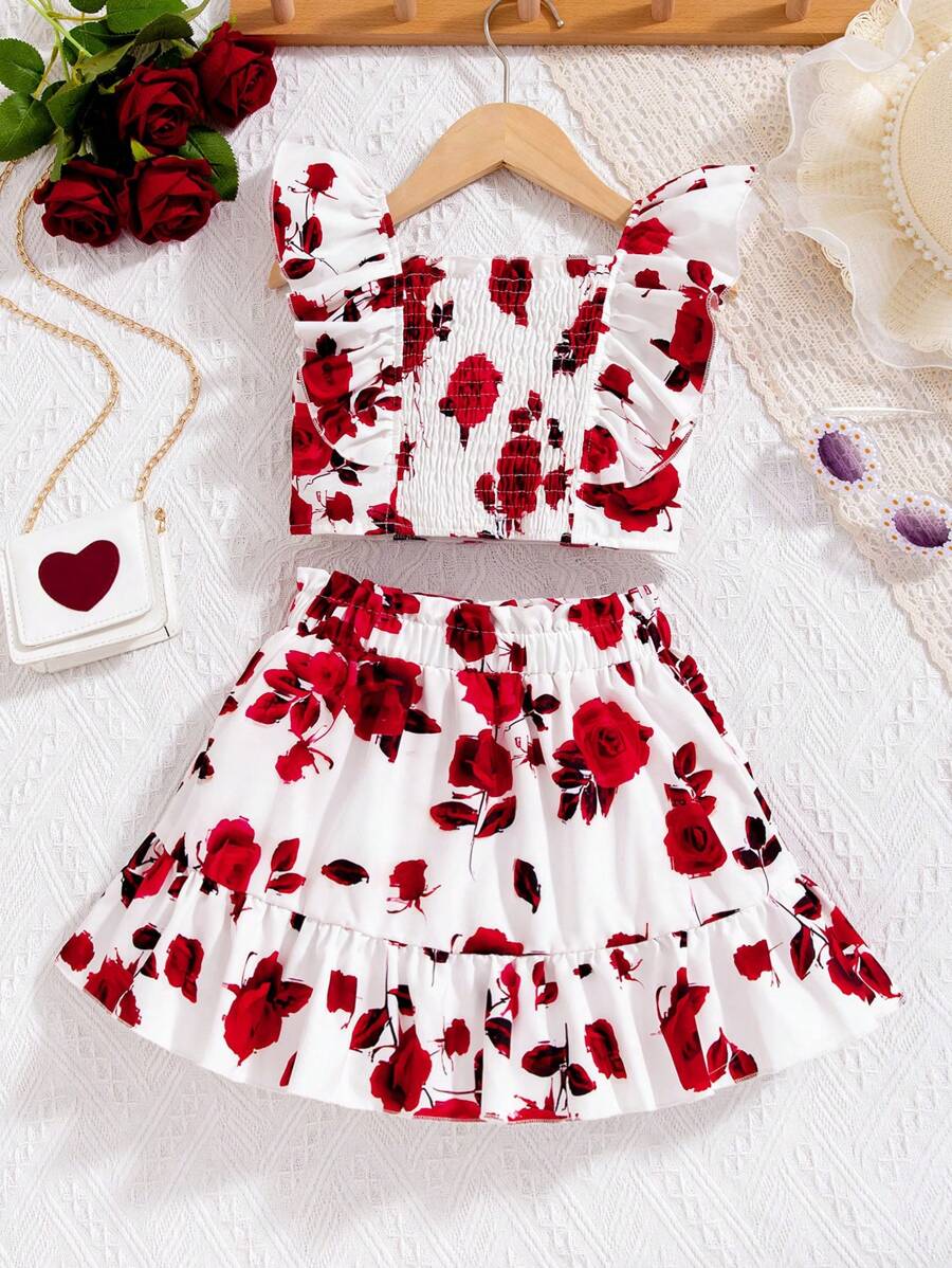 11585  A06-09 Set De Blusa Y Falda De Corte De Olanes Con Estampado Floral De Moda Para Niñas Pequeñas