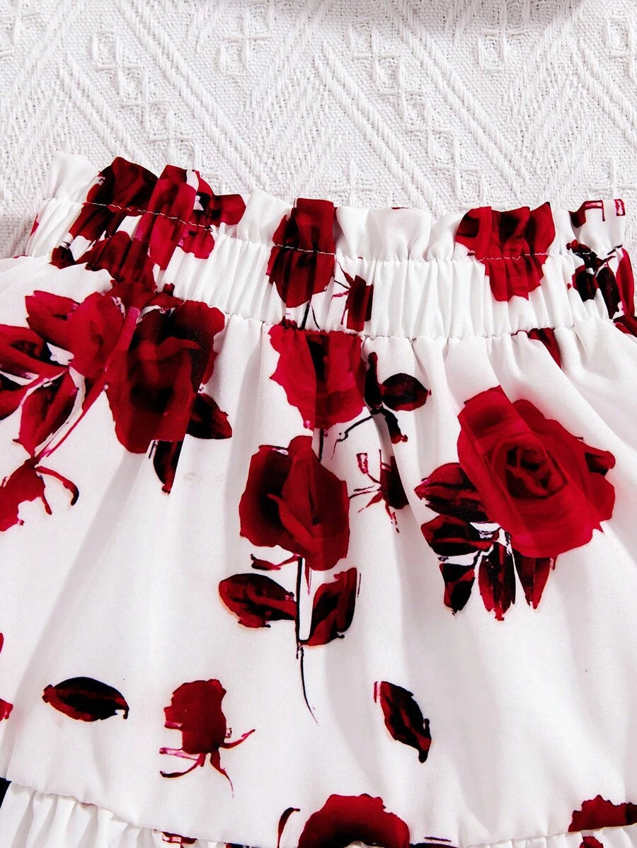 11585  A06-09 Set De Blusa Y Falda De Corte De Olanes Con Estampado Floral De Moda Para Niñas Pequeñas