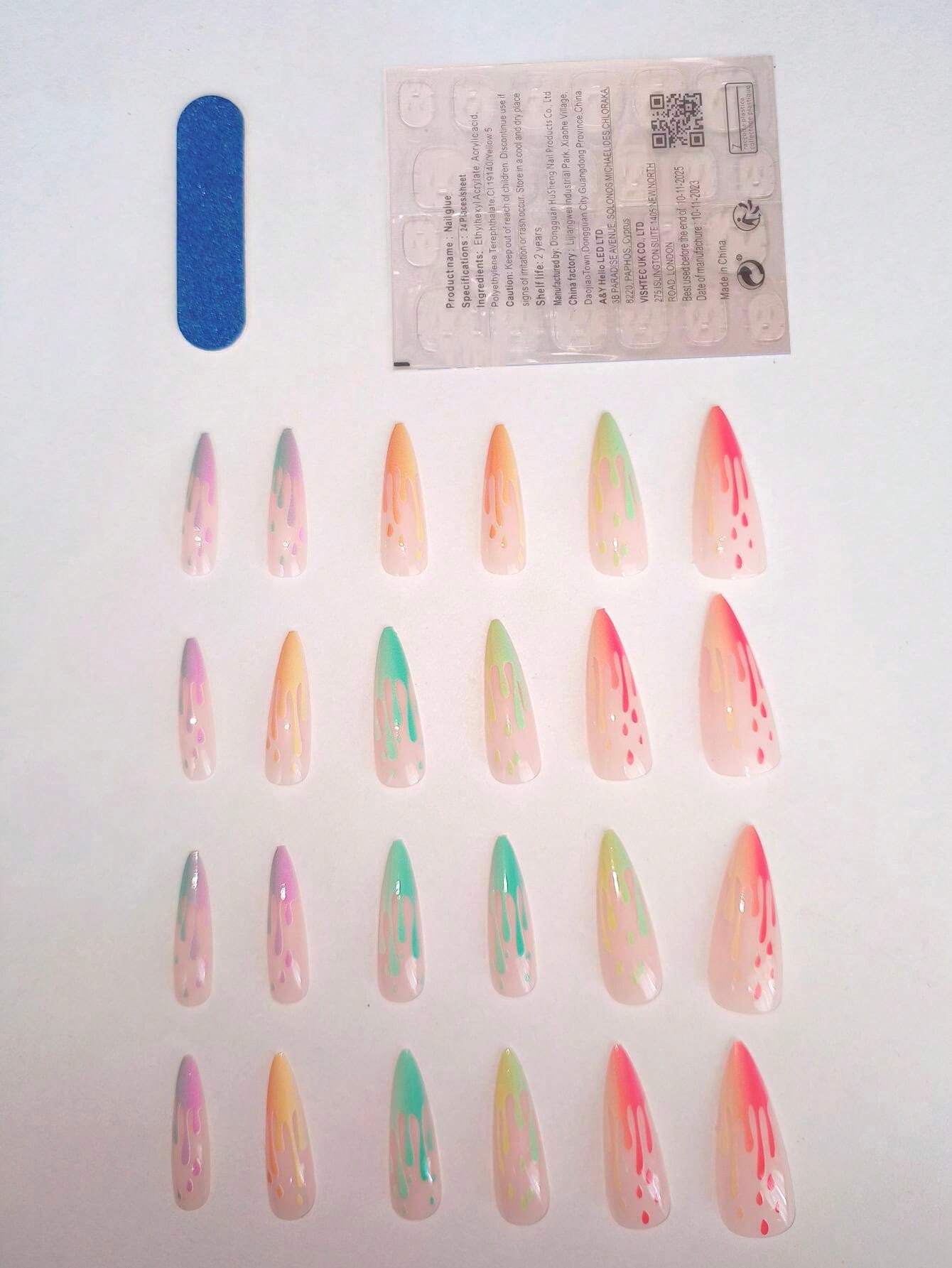 10967  b03-22 24 piezas almendra en forma de multicolor con estampado Uñas falsas con gelatina gel