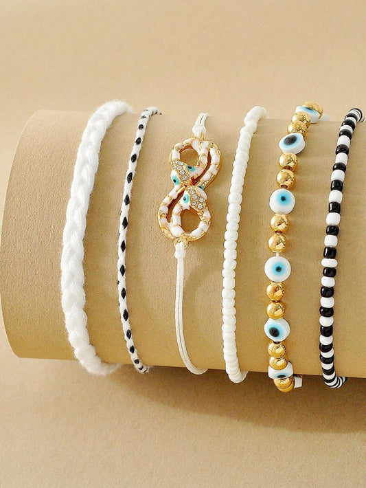 10986  b03-22 6 Piezas De Pulseras Ajustables A La Moda Bohemias Tejidas Y Decoradas Con Ojo Y Cristal