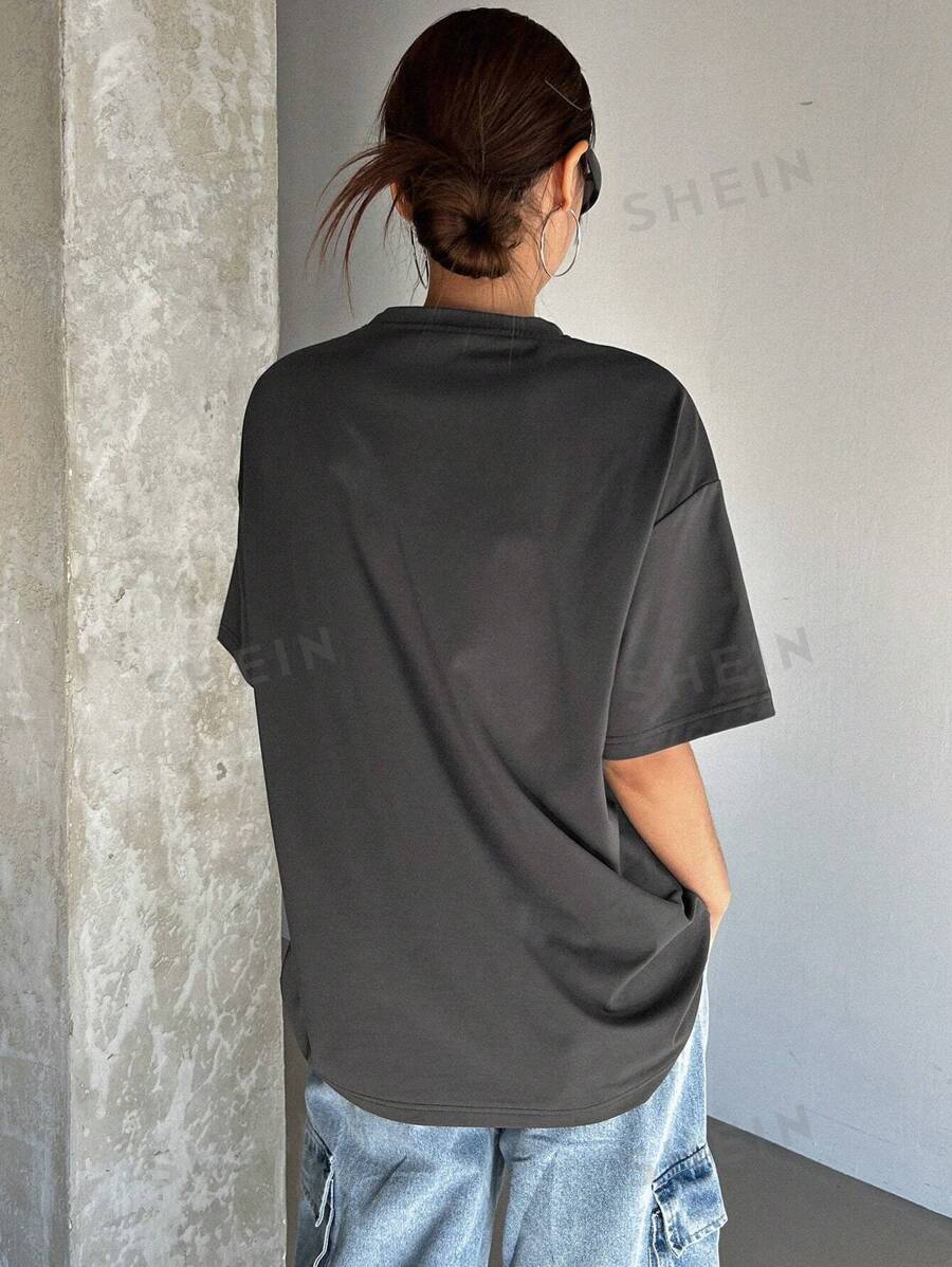 11205 A05-11 Camiseta Larga De Cuello Redondo Floja Para Mujer Con Estampado De Letras