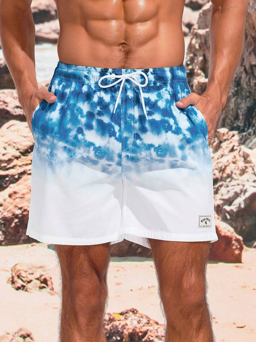 11440 A05-10 Shorts De Playa Para Hombre Con Cintura Con Cordón Y Bolsillos Diagonales En Gradientes De Colores