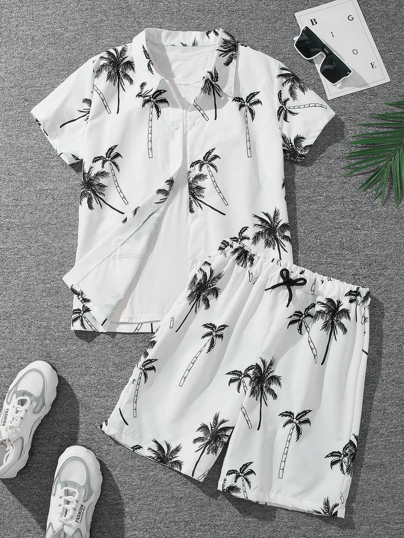 11586  A06-08 Camisa Y Pantalón Corto Con Impresión De Árbol De Coco Tropical Pero Sin Camiseta Interior