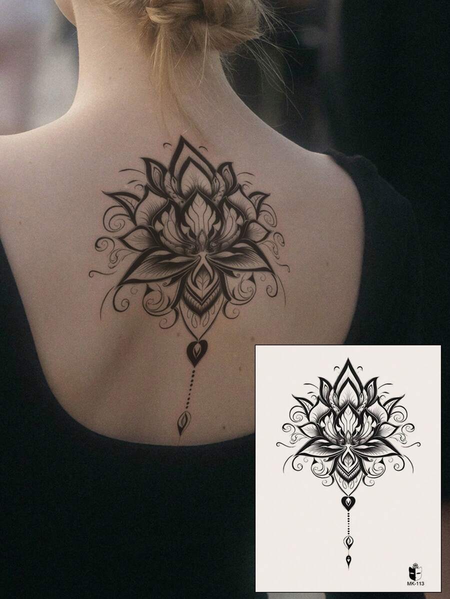 11742 1b-02-02 Pegatina De Tatuaje Temporal Negro Con Un Diseño Grande De Flor De Loto