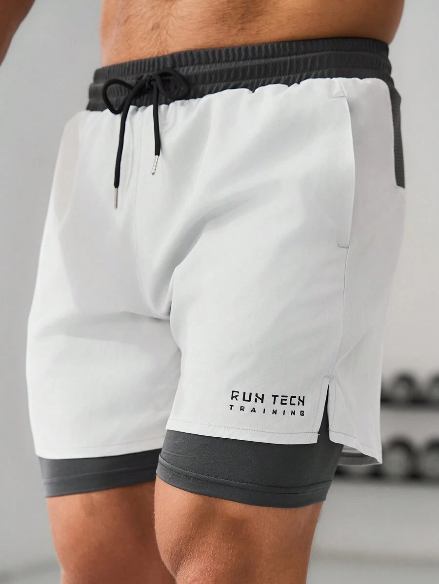 11560 A04-02 Pantalones Cortos Deportivos Para Hombre Con Cintura Ajustable Y Estampado De Letra En Bloque De Colores